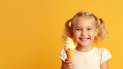 Cheerful happy child girl hold sweet ice cream in hands, eat ice-cream on flat yellow background with copy space. 