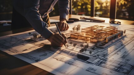 Concept architects, engineer holding pen pointing equipment architects On the desk with a blueprint in the office, Vintage, Sunset light.Selective Focus