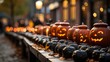 On halloween night, an array of glowing jack-o-lanterns illuminate the darkness with their cheerful faces, bringing warmth and joy to the outdoor festivities with their colorful gourds and squash