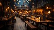A lively atmosphere of furniture, lights, and chatter fills the restaurant at night, creating a cozy, inviting space for all