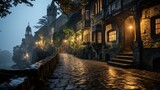 Fototapeta Londyn - The illuminated stone path stretches through a vibrant urban landscape, inviting travelers to explore the enchanting night and all its mysterious beauty