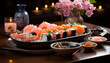 Fresh seafood meal, sashimi plate, healthy eating, Japanese culture, rice bowl generated by AI