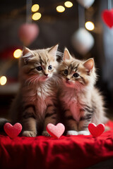 Two cute kittens among red and pink small hearts