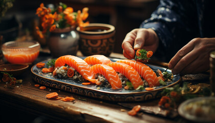 Canvas Print - Freshness and cultures on a plate, healthy eating indoors with chopsticks generated by AI