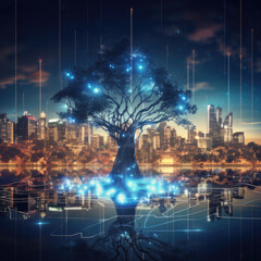 Wall Mural - Tree data technology on city background. Digital internet connection. Futuristic hi-tech style