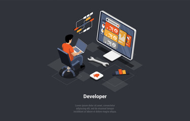 Wall Mural - software development coding process. programmer or web developer writing new code on laptop. screen 