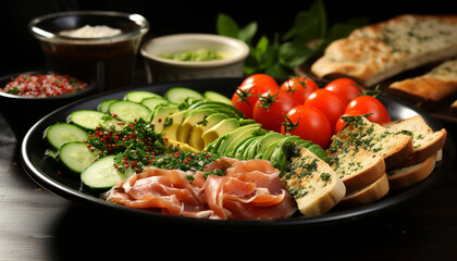 Canvas Print - Freshness on plate grilled meat, tomato, bread, salad, pork generated by AI