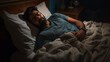 © AIGen - Sleeping In Bed. Indian Man Sleeping Peacefully in His Bedroom During Night Time. Rest, Sleep and Relaxation Concept