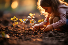 Cute Little Girl Planting A Tree In The Garden At Sunset. 
Kid Planting Seedlings In The Ground. Selective Focus.