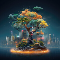 Sticker - Digital tree with sprouts and binary code in glowing futuristic style