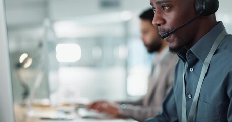 Poster - Call center, customer support and man on an online consultation on a computer working in the office. Contact us, crm and young male telemarketing consultant or agent talking for service in workplace.