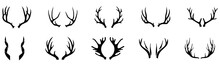Deer Horns Icon Set. Animal Horn Silhouette. Deer Horn Logo For Wildlife, Hunting. Horn Shapes Collection. Vector Illustration. Vector Graphic.