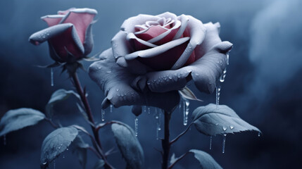 Wall Mural - A frozen black rose with smoke on dark background