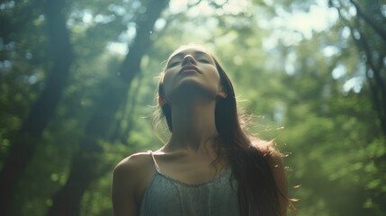 A serene image depicting the concept of outdoor breathing, featuring a person deeply inhaling fresh air amidst a lush, green forest, symbolizing tranquility, mindfulness, and connection with nature.