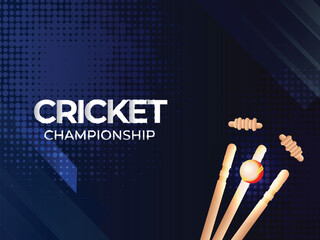 Sticker - Cricket Championship Concept With Realistic Ball Hitting Wicket Stumps On Blue Halftone Background.