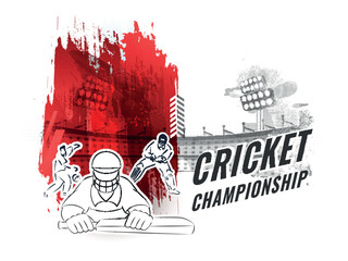 Sticker - Cricket Championship Concept With Linear Style Cricketer Players And Red Brush Stroke Effect On White Stadium Background.