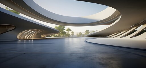 Wall Mural - futuristic concrete architecture with car park, empty cement floor.