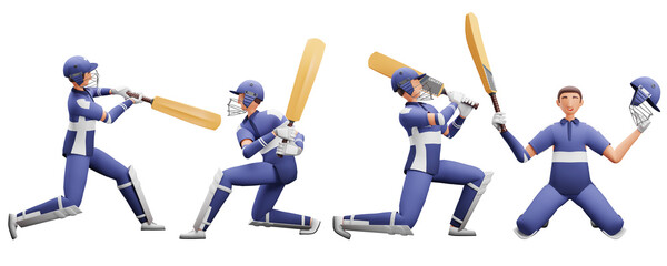 Wall Mural - 3D Illustration Of Batsman Player Collection In Different Poses.