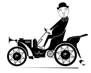 Cartoon man drives a retro car.
Funny long mustache man in the bowler hat driving cabriolet. Black and white illustration
