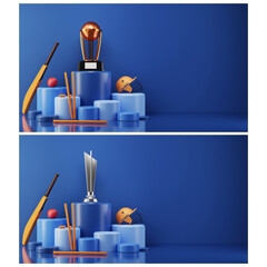 Canvas Print - Two Images Of 3D Cricket Equipment With Trophy Cup In Different Level Podiums.