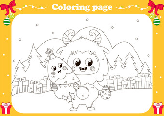 Wall Mural - Cute coloring page with kawaii Yeti or Bigfoot holding christmas tree and ornament ball,