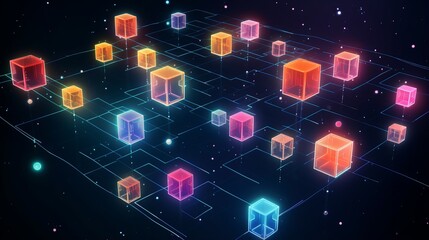 Wall Mural - isometric blockchain connection: digital blocks forming crypto chain - abstract technology backgroun