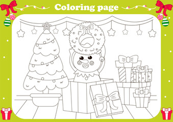 Wall Mural - Cute coloring page with kawaii snowman sitting in gift box and holding Christmas wreath