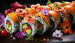 Freshness and cultures on a plate, sushi rolls with seafood generated by AI