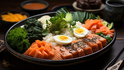 Canvas Print - Freshness and variety on a wooden table, healthy seafood meal generated by AI