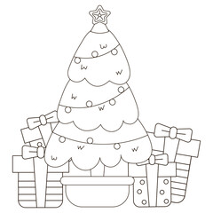 Wall Mural - Cute coloring page with kawaii Christmas tree and gift boxes