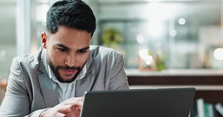 Poster - Laptop, email and smile with a business man at work in his office for a project management report. Computer, research and information with a happy young employee reading communication in the office