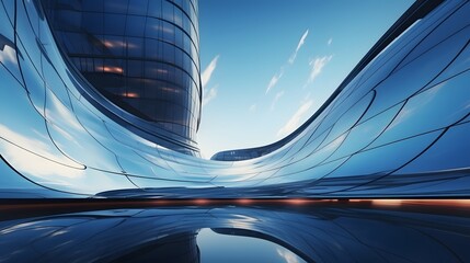 Wall Mural - Low angle view of futuristic architecture, Skyscraper of office building with curve glass window,