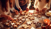 Close Up Of Women Decorating Christmas Gingerbread Cookies At Home