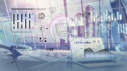 Canvas Print - Infographics of electronic transfers on the background of a laptop in the office.