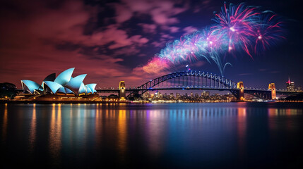 Wall Mural - Sydney skyline featuring the Opera House and Harbour Bridge, vibrant fireworks during New Year’s Eve, high contrast, rich colors