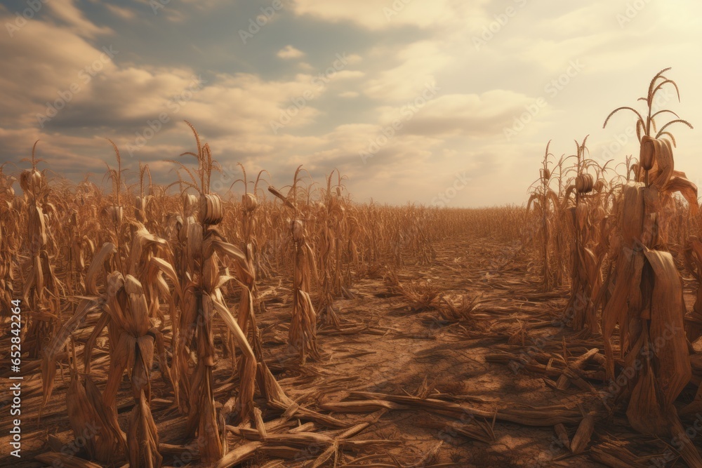 Corn Field Problem Generative AI In hot summer, dryness destroys cultivated plants. Rows ...