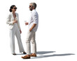 Man and woman in elegant white clothing standing and drinking cocktails and talking isolated on white background