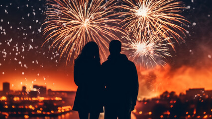 Happy new year. Young couple new year fireworks countdown.