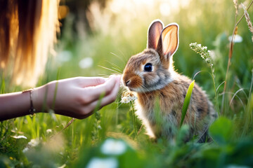 Nutritious meal for rabbit: hand feeding grass