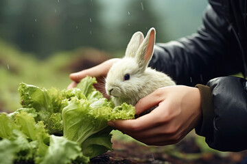 Hand feeding a small rabbit with fresh lettuce