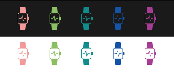 Poster - Set Smart watch showing heart beat rate icon isolated on black and white background. Fitness App concept. Vector