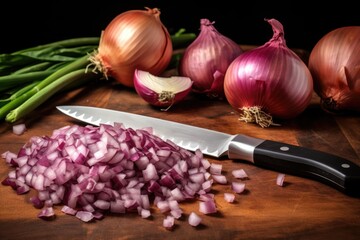 Sticker - a stainless steel knife next to a pile of chopped onions