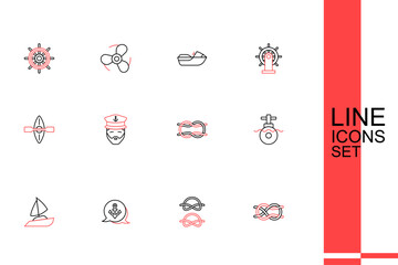 Poster - Set line Nautical rope knots, Anchor, Yacht sailboat, Submarine, Captain of ship and Kayak and paddle icon. Vector