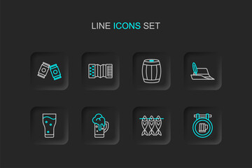 Sticker - Set line Street signboard with beer, Dried fish, Glass of, Oktoberfest hat, Wooden barrel, Accordion and Beer can icon. Vector