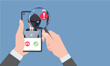 Hand Businessman Holding Smartphone And Check Call From Unknown Or Stranger Number. Scam, Prank, Fraud, And Phishing On A Mobile Phone. Vector Illustration Flat Design.