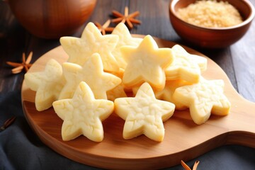 Wall Mural - star- and moon-shaped shortbread cookies on a wooden board
