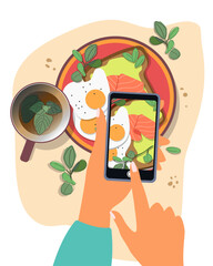 Food blogging concept. Hands holding smartphone and take a photo. Vector illustration in a flat style