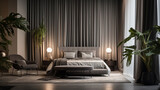 Fototapeta  - Przytulna elegancka luksusowa sypialnia w stonowanych kolorach z z roślinami domowymi