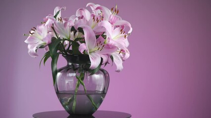 Sticker - Beautiful lily flowers bouquet in a glass vase. Lillies. Pink lilies rotating. Big bunch of fresh fragrant lilies over purple background. Slow motion