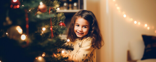 Wall Mural - Portrait girl decorating christmas tree background